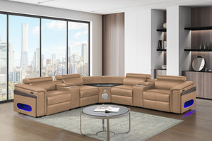 English Elm Nova Caramel Power Reclining Sectional with Bluetooth Speakers Fridge and Led Lighting B009S02221