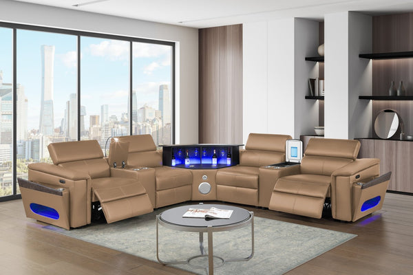 English Elm Nova Caramel Power Reclining Sectional with Bluetooth Speakers Fridge and Led Lighting B009S02221