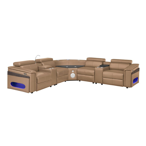 English Elm Nova Caramel Power Reclining Sectional with Bluetooth Speakers Fridge and Led Lighting B009S02221