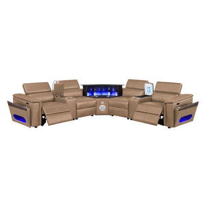 English Elm Nova Caramel Power Reclining Sectional with Bluetooth Speakers Fridge and Led Lighting B009S02221