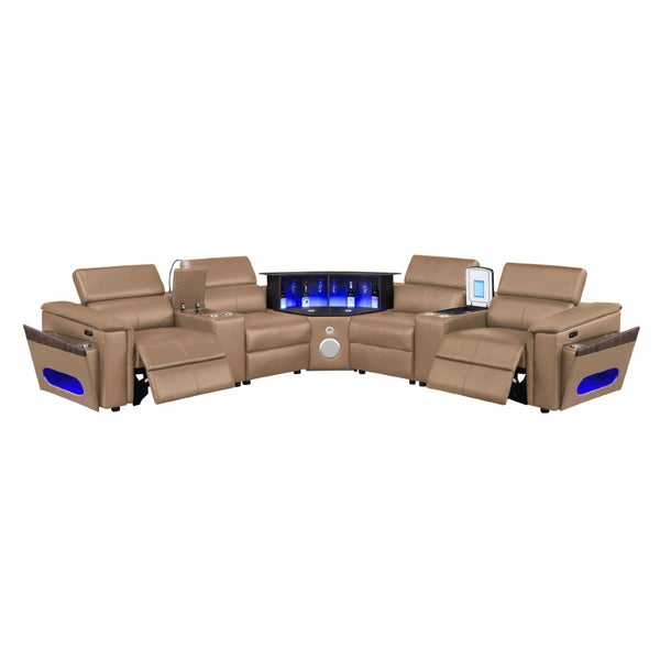 English Elm Nova Caramel Power Reclining Sectional with Bluetooth Speakers Fridge and Led Lighting B009S02221