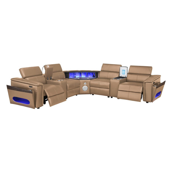 English Elm Nova Caramel Power Reclining Sectional with Bluetooth Speakers Fridge and Led Lighting B009S02221