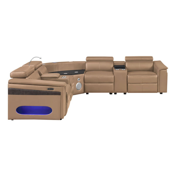 English Elm Nova Caramel Power Reclining Sectional with Bluetooth Speakers Fridge and Led Lighting B009S02221