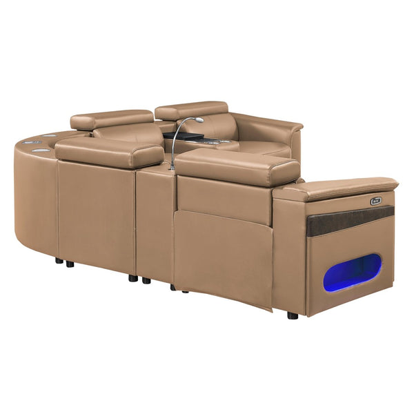 English Elm Nova Caramel Power Reclining Sectional with Bluetooth Speakers Fridge and Led Lighting B009S02221