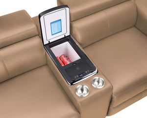 English Elm Nova Caramel Power Reclining Sectional with Bluetooth Speakers Fridge and Led Lighting B009S02221