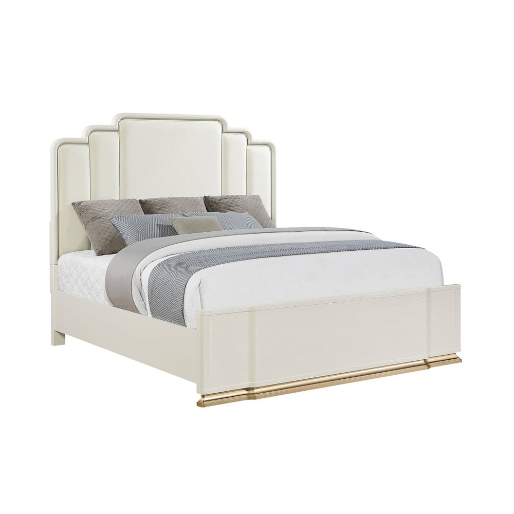 English Elm Lexington Upholstered Queen Bed Scalloped Ivory Headboard with Gold Trim Accent B009S02253