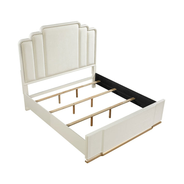 English Elm Lexington Upholstered Queen Bed Scalloped Ivory Headboard with Gold Trim Accent B009S02253