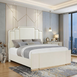 English Elm Lexington Upholstered Queen Bed Scalloped Ivory Headboard with Gold Trim Accent B009S02253