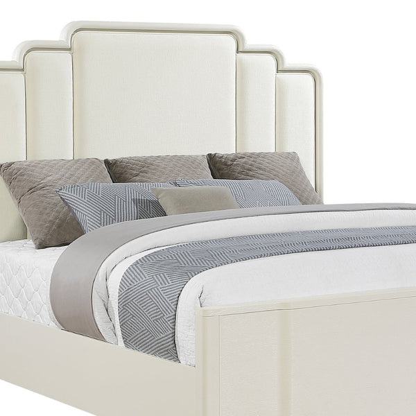 English Elm Lexington Upholstered Queen Bed Scalloped Ivory Headboard with Gold Trim Accent B009S02253