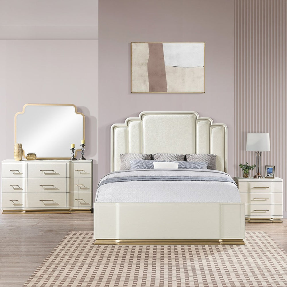 English Elm Lexington Queen Bedroom Set Glossy Ivory Gold Hardware Upholstered Panel Bed Four Piece B009S02255