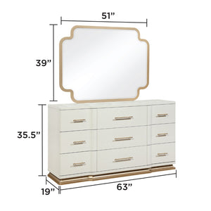 English Elm Lexington Queen Bedroom Set Glossy Ivory Gold Hardware Upholstered Panel Bed Four Piece B009S02255