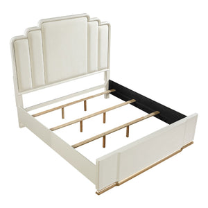 English Elm Lexington Queen Bedroom Set Glossy Ivory Gold Hardware Upholstered Panel Bed Four Piece B009S02255