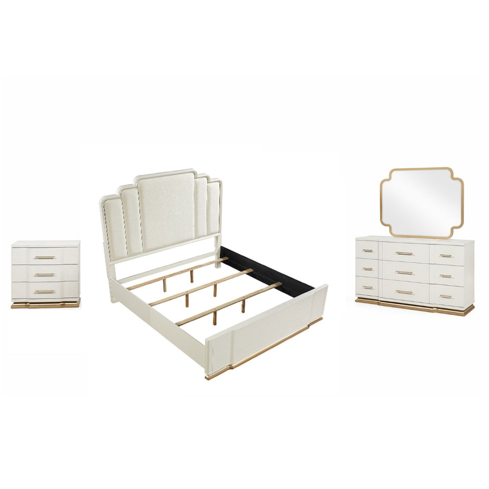 English Elm Lexington King Bedroom Set Upholstered Panel Bed Ivory Gold Transitional Luxury 4 Piece B009S02256