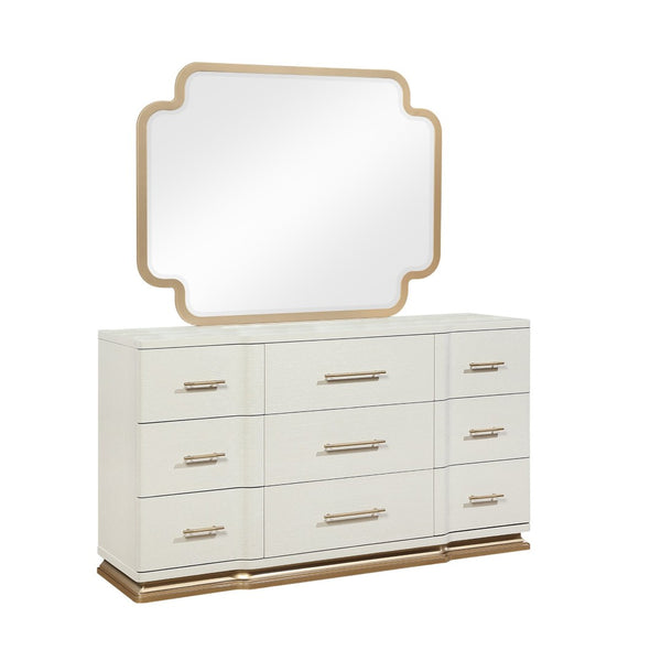 English Elm Lexington King Bedroom Set Ivory Gloss Gold Hardware Upholstered Panel Bed 5 Piece B009S02258