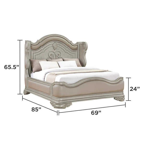 English Elm Bella Queen Platform Bed Ornate Carved Molding Upholstered Footboard Champagne Finish B009S02271