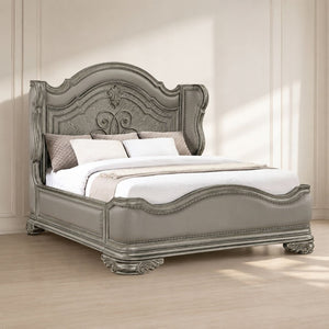 English Elm Bella Queen Platform Bed Ornate Carved Molding Upholstered Footboard Champagne Finish B009S02271