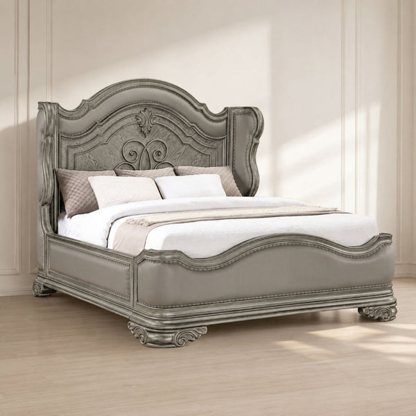 English Elm Bella Queen Platform Bed Ornate Carved Molding Upholstered Footboard Champagne Finish B009S02271