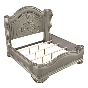 English Elm Bella Queen Platform Bed Ornate Carved Molding Upholstered Footboard Champagne Finish B009S02271