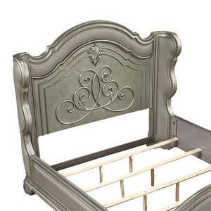 English Elm Bella Queen Platform Bed Ornate Carved Molding Upholstered Footboard Champagne Finish B009S02271