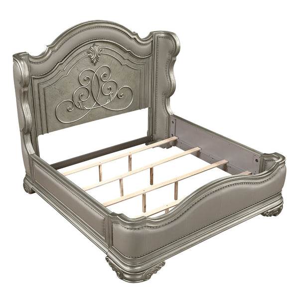 English Elm Bella King Platform Bed Ornate Carved Wood Frame with Upholstered Footboard European Style B009S02272
