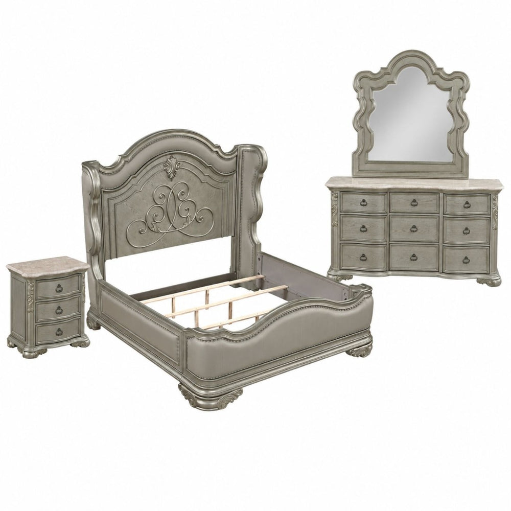 English Elm Bella King Bedroom Set Champagne Wood Wingback Upholstered Marble Top 4 Piece B009S02274