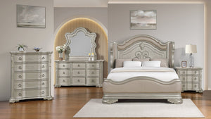 English Elm Bella Queen Bedroom Set with Marble Tops Wingback Headboard and Champagne Wood Finish B009S02275