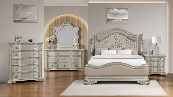 English Elm Bella Traditional King Bedroom Set Wingback Upholstered Bed Marble Tops Champagne Wood B009S02276