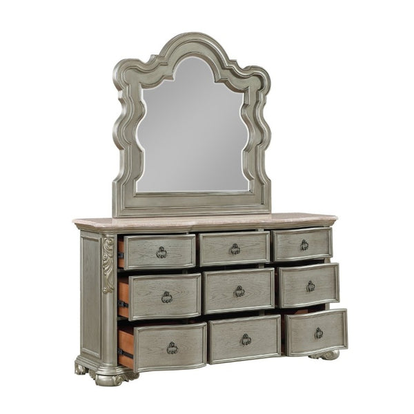 English Elm Bella Traditional King Bedroom Set Wingback Upholstered Bed Marble Tops Champagne Wood B009S02276