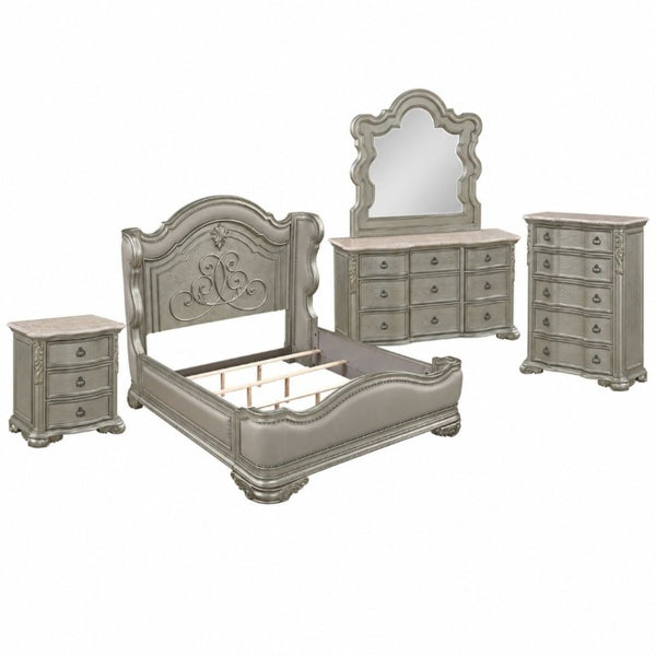 English Elm Bella Traditional King Bedroom Set Wingback Upholstered Bed Marble Tops Champagne Wood B009S02276