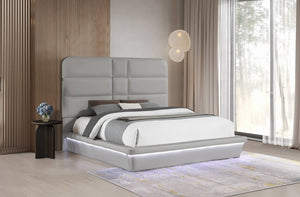 English Elm Futura Queen Upholstered Bed Tall Padded Headboard LED Lighting and Wireless Charging Console Gray B009S02277