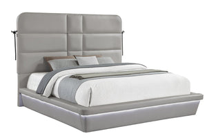 English Elm Futura Queen Upholstered Bed Tall Padded Headboard LED Lighting and Wireless Charging Console Gray B009S02277