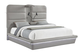 English Elm Futura Queen Upholstered Bed Tall Padded Headboard LED Lighting and Wireless Charging Console Gray B009S02277