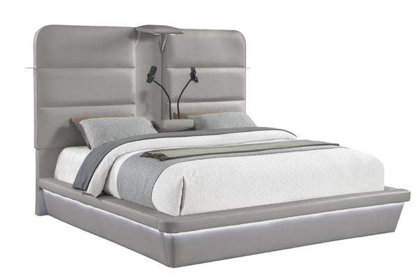 English Elm Futura Queen Upholstered Bed Tall Padded Headboard LED Lighting and Wireless Charging Console Gray B009S02277