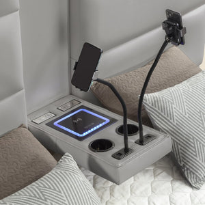 English Elm Futura Queen Upholstered Bed Tall Padded Headboard LED Lighting and Wireless Charging Console Gray B009S02277