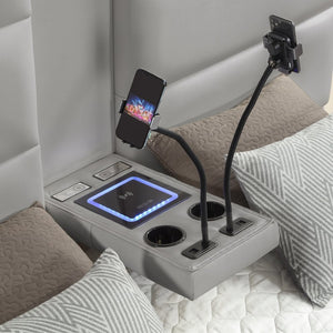 English Elm Futura Queen Upholstered Bed Tall Padded Headboard LED Lighting and Wireless Charging Console Gray B009S02277