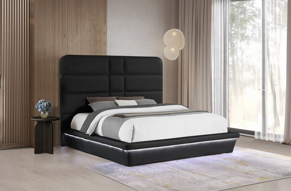English Elm Futura Queen Upholstered Bed Tall Padded Headboard LED Lighting and Wireless Charging Console Black B009S02279
