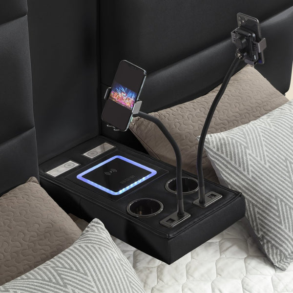 English Elm Futura Queen Upholstered Bed Tall Padded Headboard LED Lighting and Wireless Charging Console Black B009S02279
