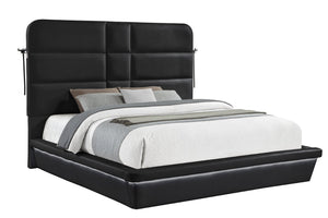 English Elm Futura Queen Upholstered Bed Tall Padded Headboard LED Lighting and Wireless Charging Console Black B009S02279