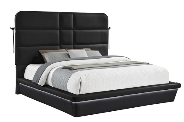 English Elm Futura Queen Upholstered Bed Tall Padded Headboard LED Lighting and Wireless Charging Console Black B009S02279