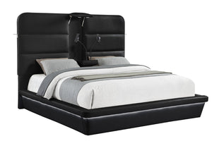 English Elm Futura Queen Upholstered Bed Tall Padded Headboard LED Lighting and Wireless Charging Console Black B009S02279