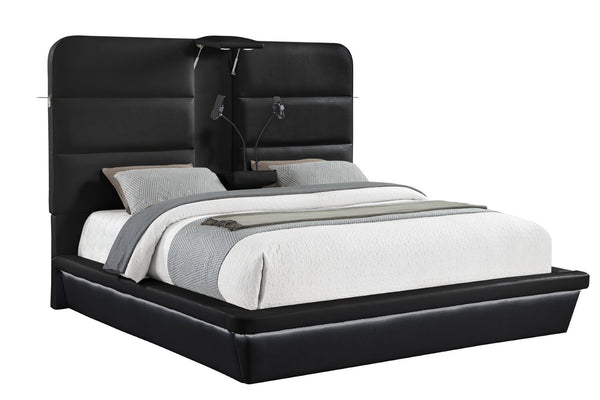 English Elm Futura Queen Upholstered Bed Tall Padded Headboard LED Lighting and Wireless Charging Console Black B009S02279