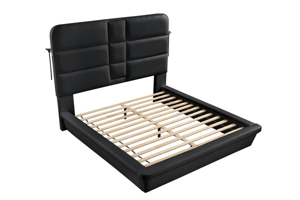 English Elm Futura Queen Upholstered Bed Tall Padded Headboard LED Lighting and Wireless Charging Console Black B009S02279