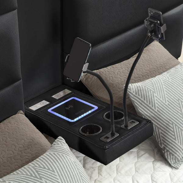 English Elm Futura Queen Upholstered Bed Tall Padded Headboard LED Lighting and Wireless Charging Console Black B009S02279