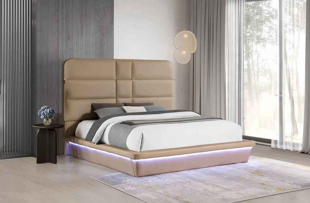 English Elm Futura Queen Upholstered Bed Tall Padded Headboard LED Lighting and Wireless Charging Console Caramel B009S02281