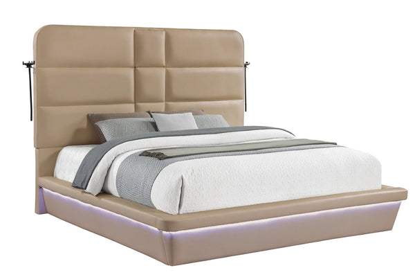 English Elm Futura Queen Upholstered Bed Tall Padded Headboard LED Lighting and Wireless Charging Console Caramel B009S02281