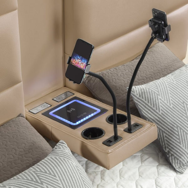 English Elm Futura King Bed Upholstered Caramel Fabric with LED Lighting and Built-In Charging Console B009S02282