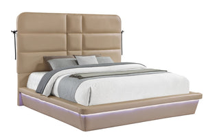 English Elm Futura King Bed Upholstered Caramel Fabric with LED Lighting and Built-In Charging Console B009S02282