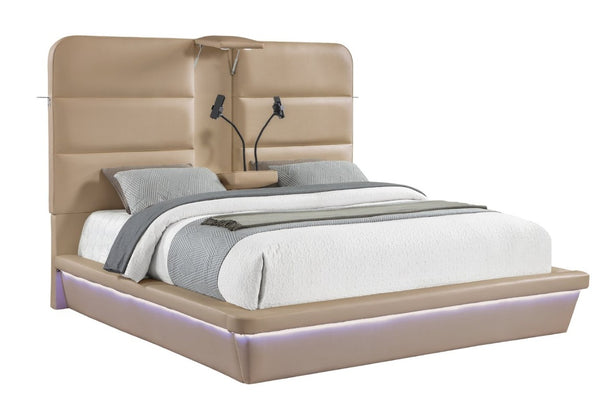 English Elm Futura King Bed Upholstered Caramel Fabric with LED Lighting and Built-In Charging Console B009S02282