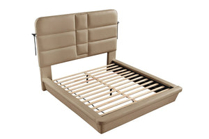 English Elm Futura King Bed Upholstered Caramel Fabric with LED Lighting and Built-In Charging Console B009S02282