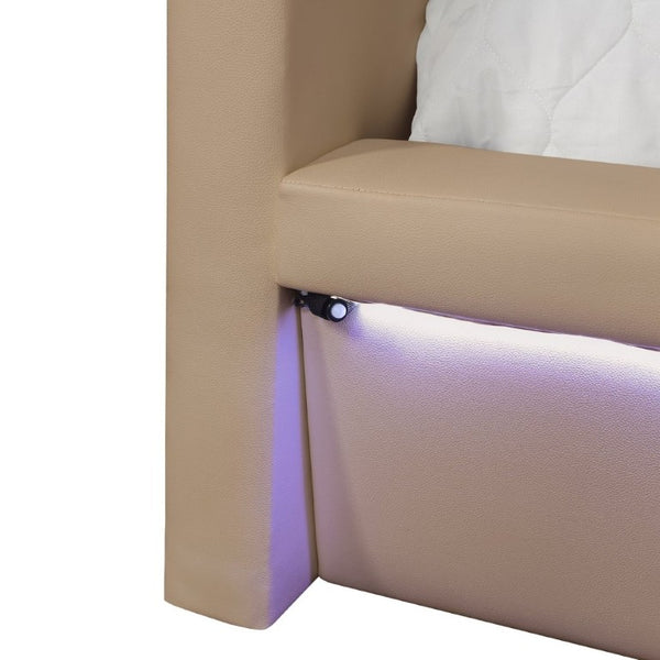English Elm Futura King Bed Upholstered Caramel Fabric with LED Lighting and Built-In Charging Console B009S02282